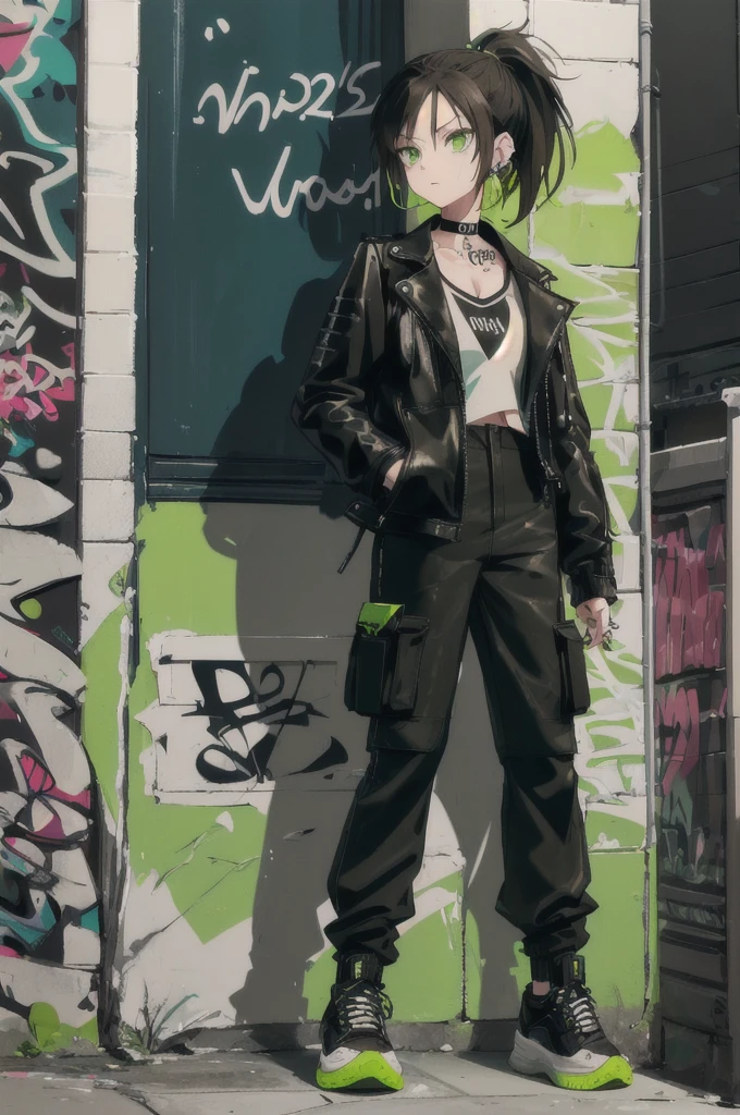 woman drawing graffiti(Black sneakers, white cargo pants, Short sea green leather jacket, black choker, brown ponytail, lime green eyes, Lots of tattoos and piercings)
