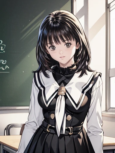 8K、Highest quality、(masterpiece:1.2)、Real、Super fine、Ultra-high resolution、1 person、Beautiful face、perfect body、((Black Bob))、Waistline、(Waist Slim:1.3)、Beautiful Skin、Skin Texture、Floating hair、(uniform:1.1)、classroom、Blushing、((Upper body shot))、high school girl、mini skirt、Panty shot、White panties