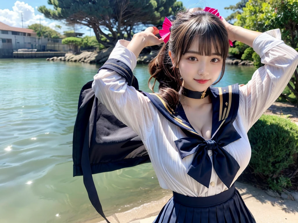 (((very heavy chest))),NSFW, 16k raw photos, highest quality, masterpiece, ultra high resolution, ((She is wearing Beautiful exposed redShe is wearing (a high school sailor uniform).
(navy sailor collar:1.4),(white shirt:1.4),(navy pleats skirt:1.4),(navy bow:1.4))).movie, ((2 girls, , 2 schoolgirls)),((attractive expression)),eyes shine、 looking at the viewer, natural skin texture very heavy chest))),((( metal black ribbon around the neck))).star handle mold、((yellow eyes)),Realistic eye and face details, lip whole, lipstick makeup), fluffy ponytail hair, laughter, Beautiful feet, tall woman, ((glowing skin)),((Beautiful armpit)), slim_feet, huge breasts, cleavage, beautiful natural places, beautiful flower garden、(detailed background,highly exposed, huge breasts, blurred background,, JK ribbon on the neck, jk ribbon, golden hair, bracelet, water, bangs, split your lips、armpit、beautiful hip line、glowing skin、(((eyes shine brightly))),lotion skin、High leg、((black hair)),highly exposed、Skimpy pink luxury fur coat、beautiful sea background、wind effect、