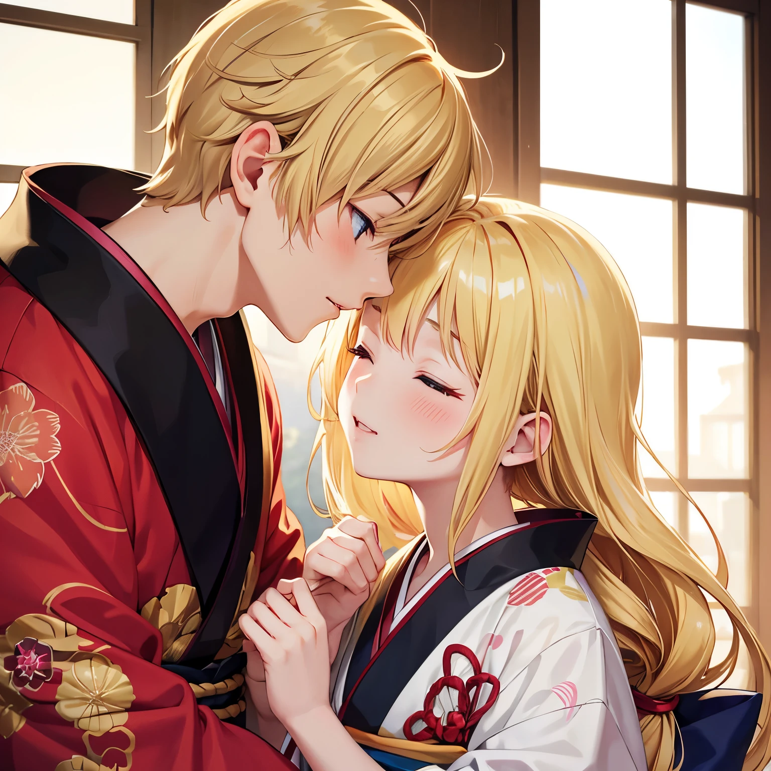 Couple,boy and girl,kissing,face to face,Kiss on the lips,Kimono, different colored kimono, (girl with long blonde hair, eyes closed)(boy with short blonde hair, eyes closed, messy hair)