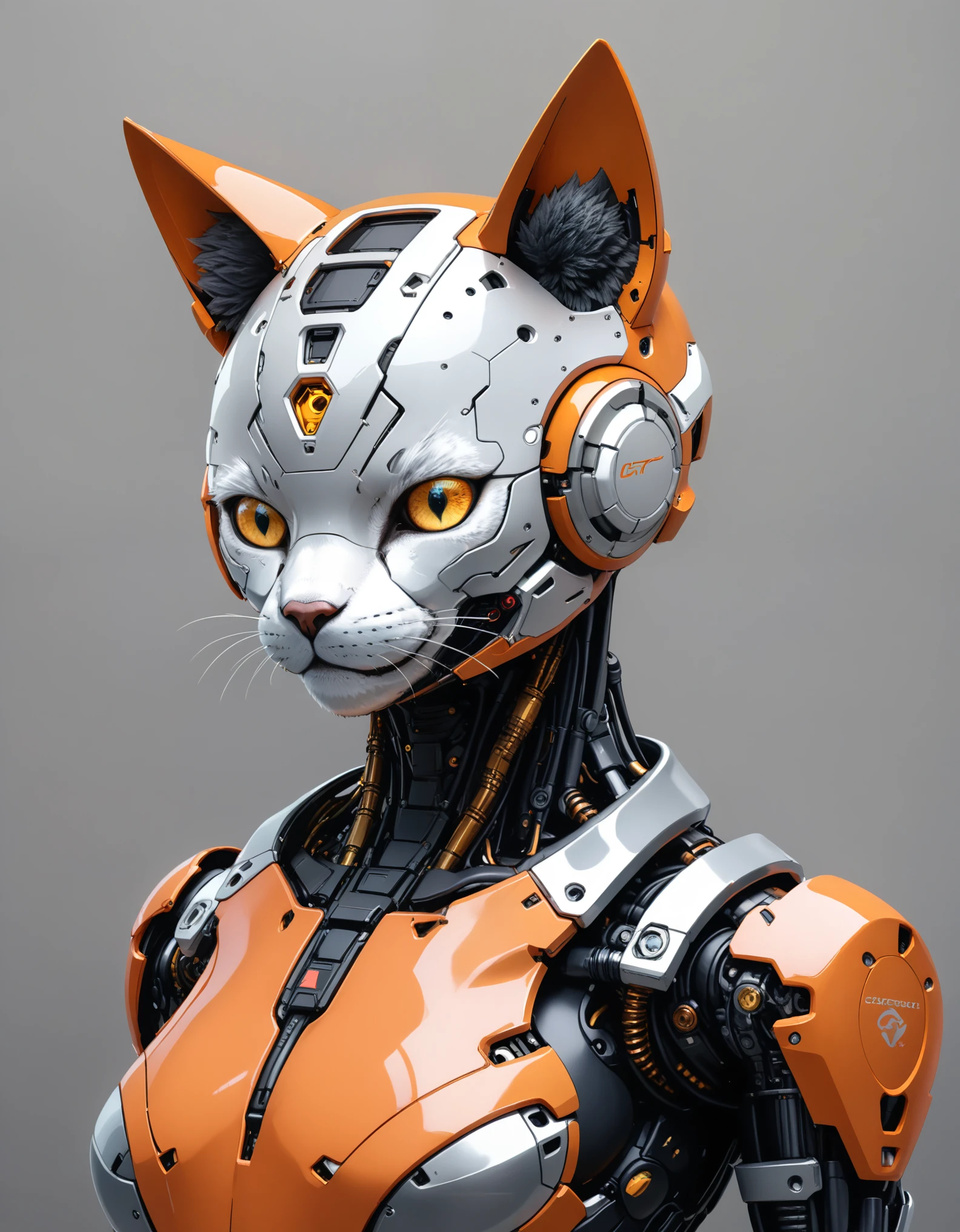 (in style of Ashley Wood:1.3),best quality, absurdres, (ultra high res), cyborg cat, humanoid cat, male body, detailed fur, vr visor, cyber wearface, cyberpunk cat, cat face, cat head, furry body, (excellent anatomy), good proportion, mechanical bodysuit, cyber helmet, orange suit, orange helmet, (cinematic lighting), (simple gray background), fullbody view