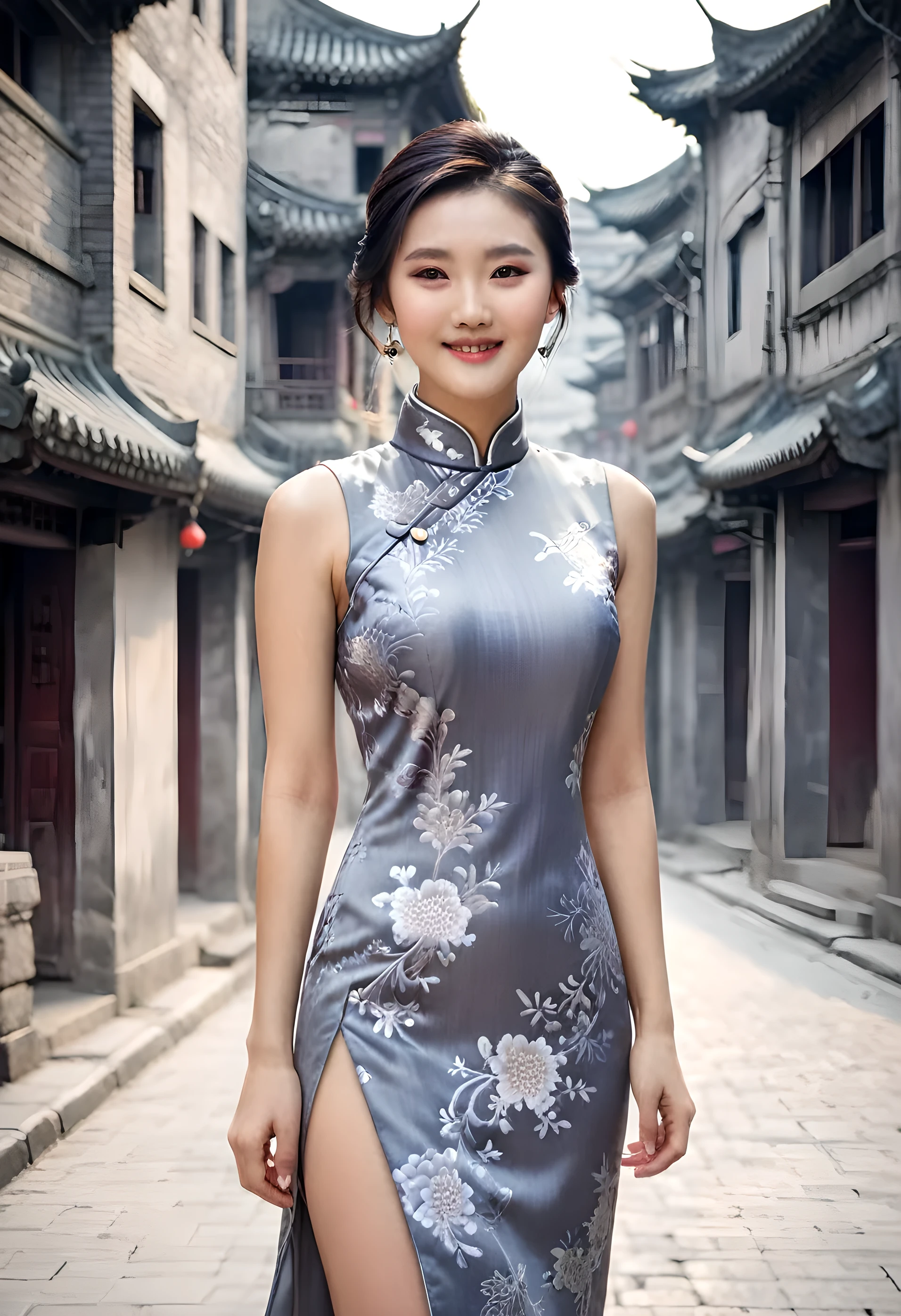 A beautiful Chinese girl，Standing on the streets of the ancient city，Gray buildings on both sides of the road，Wearing grey cheongsam，Dignified and generous，The graceful lines show the beauty of oriental women，Sweet smile，Soft colors，photography，4k