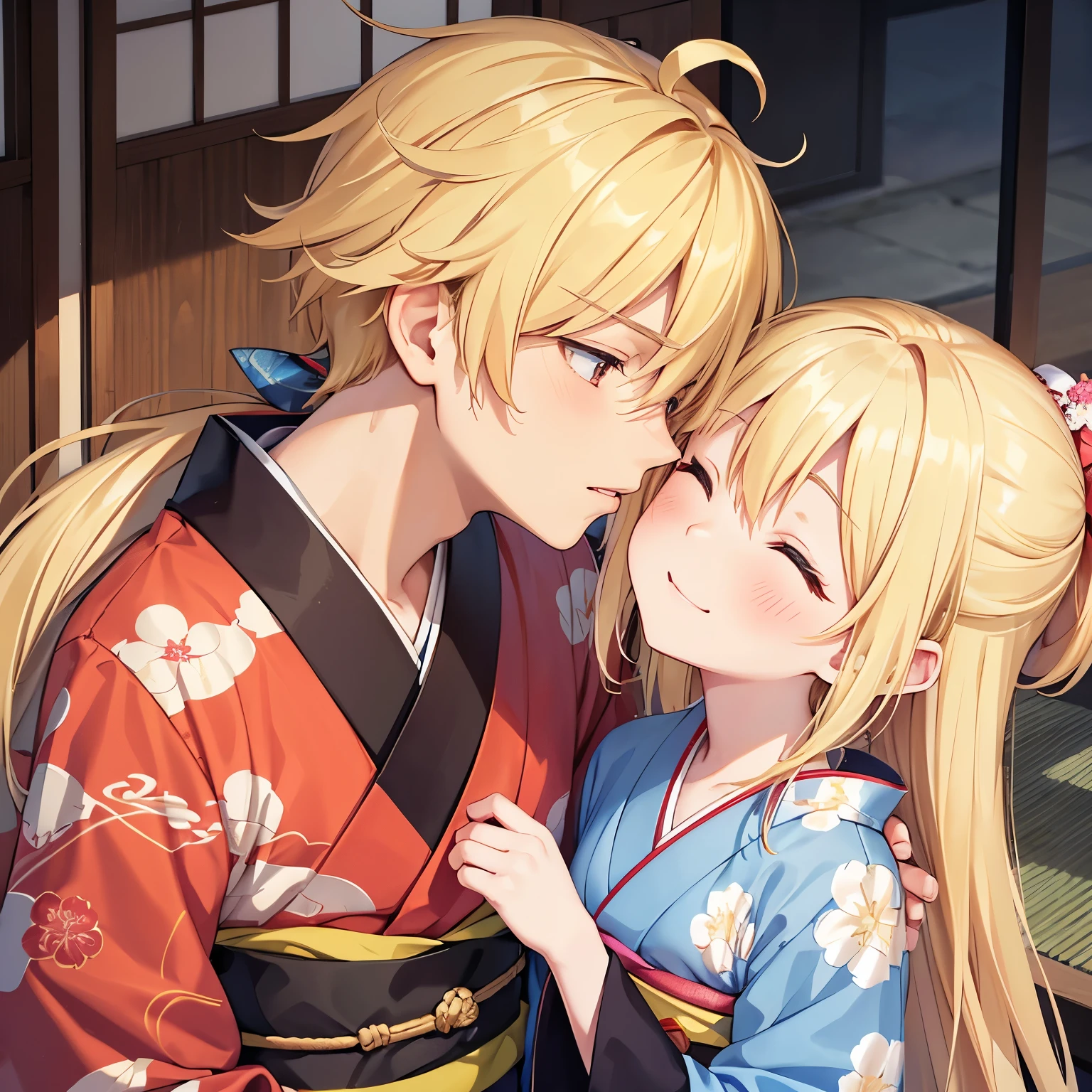 Couple,boy and girl,kissing,Kimono, different colored kimono, (girl with long blonde hair, eyes closed)(boy with short blonde hair, eyes closed, messy hair)