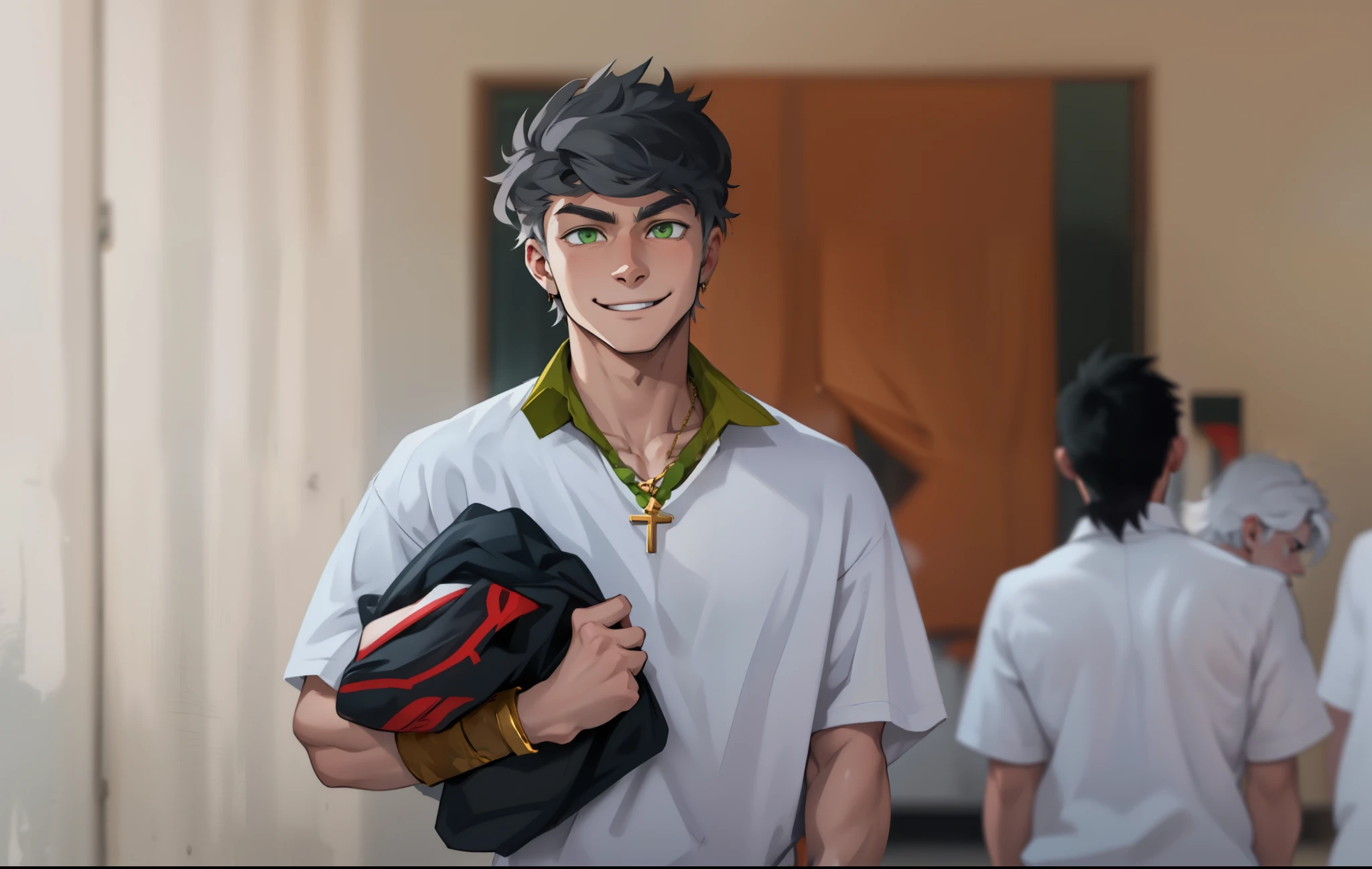 white hair young 17 year old man is walking with a mischievous smile has green eyes white hair has gold necklace gold bracelets