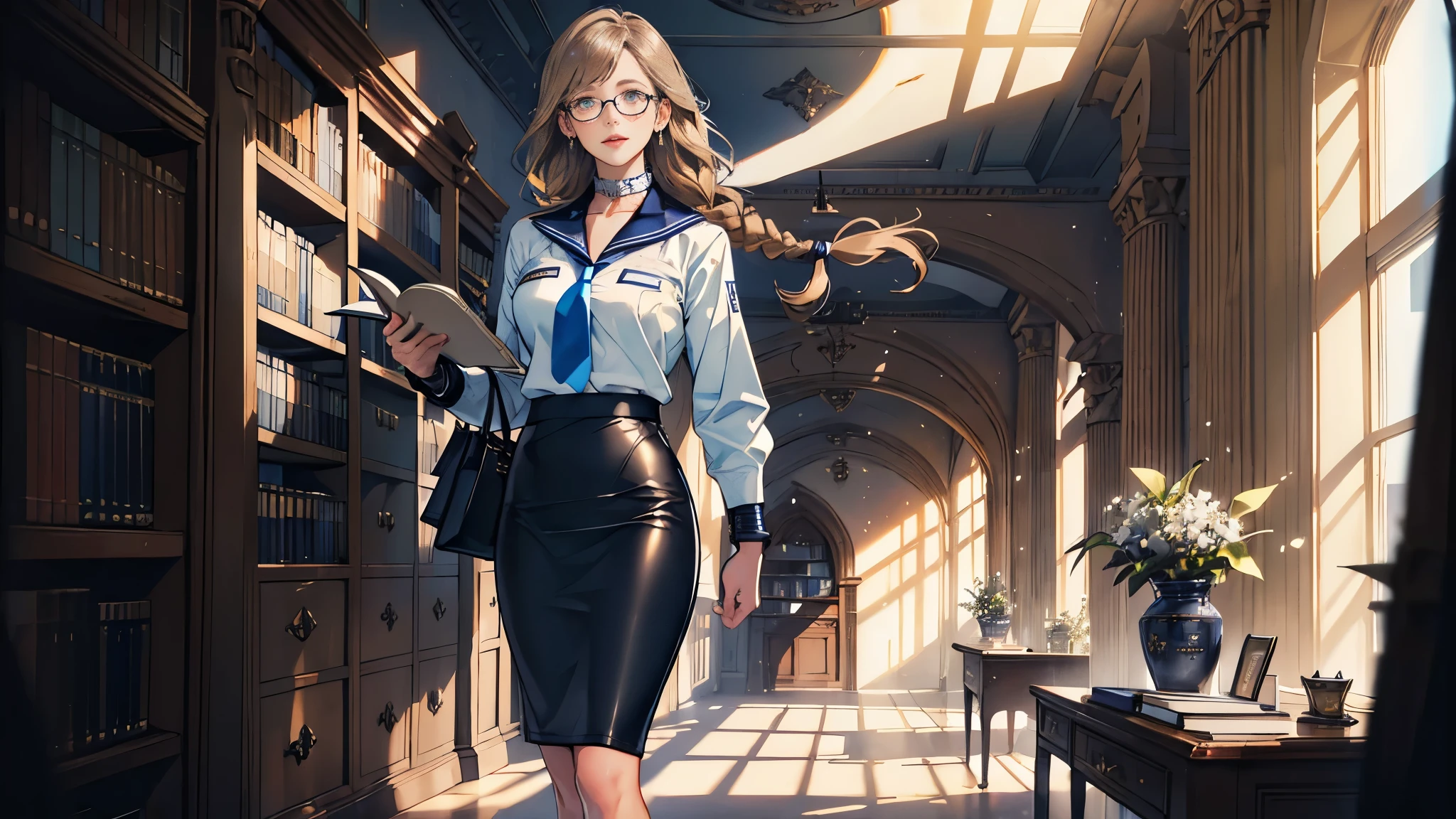 masterpiece, ultra detailed, 8K Portrait, Raw photo, portrait photography, full body, Highly detailed face, (Fantasy), Young beautiful, 27 years old, solo, smile, (librarian1.5), standing with hands on chest, (light brown Fishtail braid hair:1.2) Fluttering in the wind, blunt bangs, (white collar navy blue librarian uniform:1.5), (light blue tie1.5), (dark brown leather Pencil skirt:1.5), black tights, (holding a book), Midday Sun, hyper realistic, Body model, Small breasts, Beautiful breasts, Long legs, In the large library, Ambient lighting, Shadow details , Camera focus on face, strong breeze, Light fog