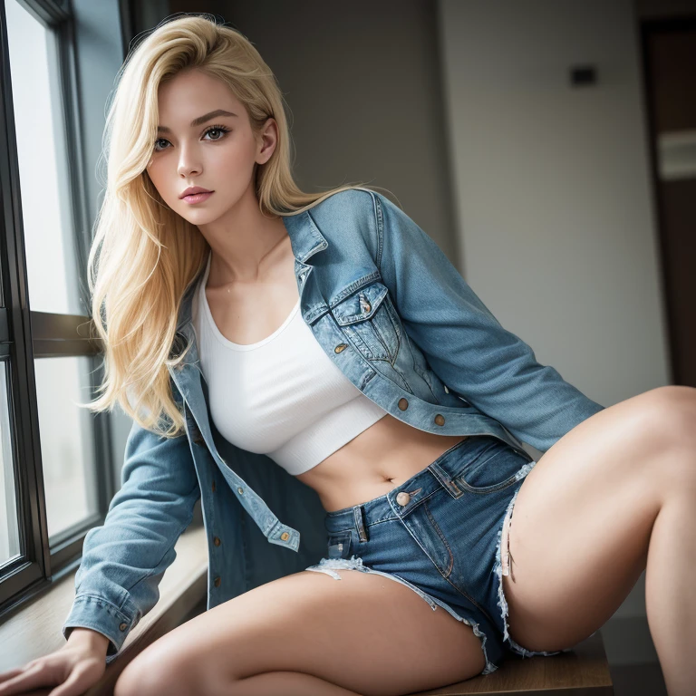 (((medium full shot))), (Masterpiece, photorealistic, photorealism, best quality, ultra-detailed:1.3), (nice hands, perfect hands), official art, cinematic light, (beautiful European young woman :1.3), adult,blonde golden hair, high ponytail, long hair, slanted black eyes, sitting, denim shorts, white crop top, black jacket, window, skyline, sea, angled shot, dynamic pose, dynamic angle