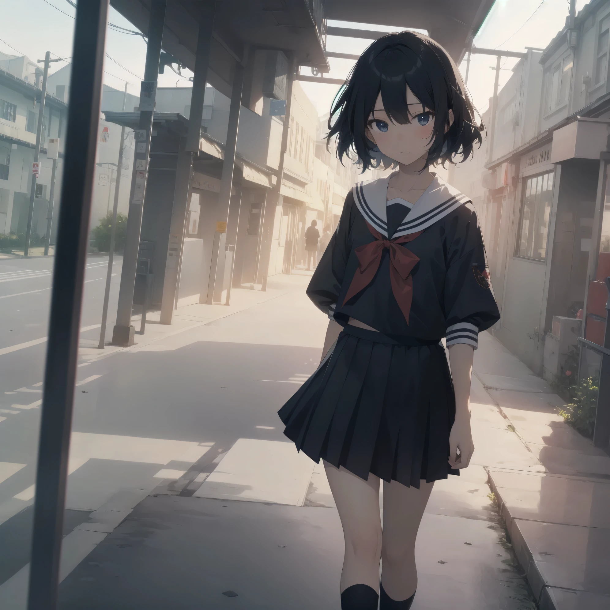 ultra-absurdres-Top quality by artist God, ultra-detailed, high resolution, anime moe artstyle, best anime 8k konachan wallpaper, pixiv contest winner, pool:2810, perfect anatomy,break, 1girl, (Please draw a girl walking sleepily to school alone. )break,(Solo,little female, 13-year-old:1.3),Full limbs, complete fingers,a junior high school student, (very short hair), short cut, flat chest, , small butt, small black eyes, beautiful detailed eyes, well-proportioned iris and pupils, expressive eyes, highres detailed hair, soft expression, salor school_uniform, sailor collar, serahuku, bow, pleated skirt,(Detailed Lighting), (Detailed background), in the School commute route. break,super detailed skin, Best cinematic lighting powered by famous artist, 8k,beauty illustration,photoshop_(medium),very aesthetic,break,((artist:kouno_(masao) )), artist:clamp ,artist:carnelian ,artist:kantoku ,