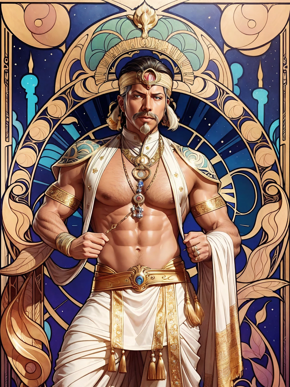 ((Art Nouveau Style)); James Hetfield as a Muscular Indian Maharaja in a stoic pose; ((Traditional Indian Maharaja outfit)); standing; ((Traditional Indian style)); ultrarealistic skin, ultrarealistic face; ultrarealistic body; ((ultrarealistic gold ornaments)); detailed skin; ultra detailed eyes; ultra detailed face; full body symmetrical with thick lines, Fibonacci, golden ratio, 3D metal structure tessellation, neural graphic, neurons, color, love, passion, incredibly detailed, 8k, masterpiece, artstation, surreal
