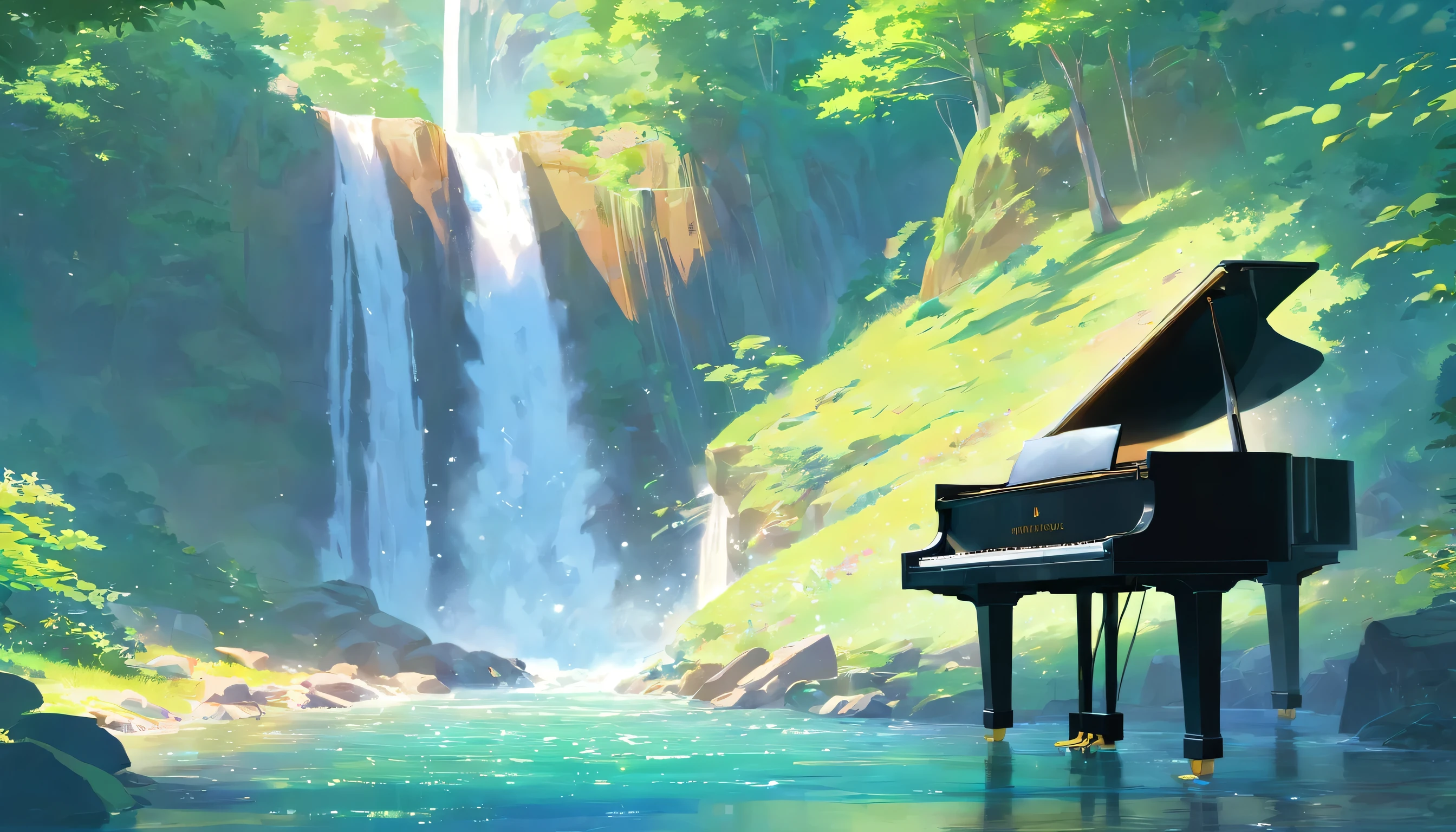 A grand piano placed beside a small stream flowing from a waterfall、Water is splashing from the waterfall、Fresh green tree々Sparkling、A piano in a safe place