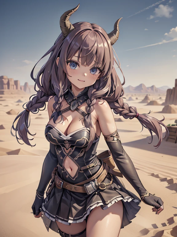 masterpiece, highest quality, Very detailed, 16k, Ultra-high resolution, Cowboy Shot, Detailed face, Perfect Fingers, 12-year-old girl, AURA, HORNS, LONG HAIR, LOOKING AT VIEWER, BRAID, GLOVES, TWIN BRAIDS, ELBOW GLOVES, NAVEL, BLACK GLOVES, CLEAVAGE, NAVEL CUTOUT, CLOTHING CUTOUT, SKIRT, BARE SHOULDERS, LARGE BREASTS, desert, Stand in the center, Laugh fearlessly