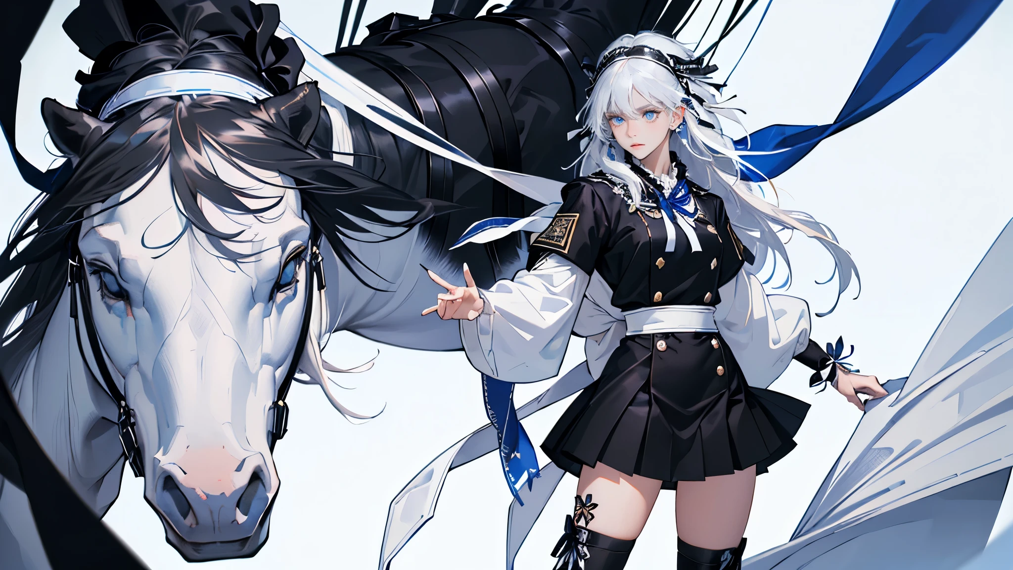 masterpiece, ultra detailed, 8k portrait, RAW photo, portrait photography, highly detailed face, beautiful and meticulous eyes, (black long hair:1.5), blue eyes, (white hair band and ribbon:1.5), white center line blue military uniform, blue pleats mini skirt, on the battle ship, white tights, half boots, standing,