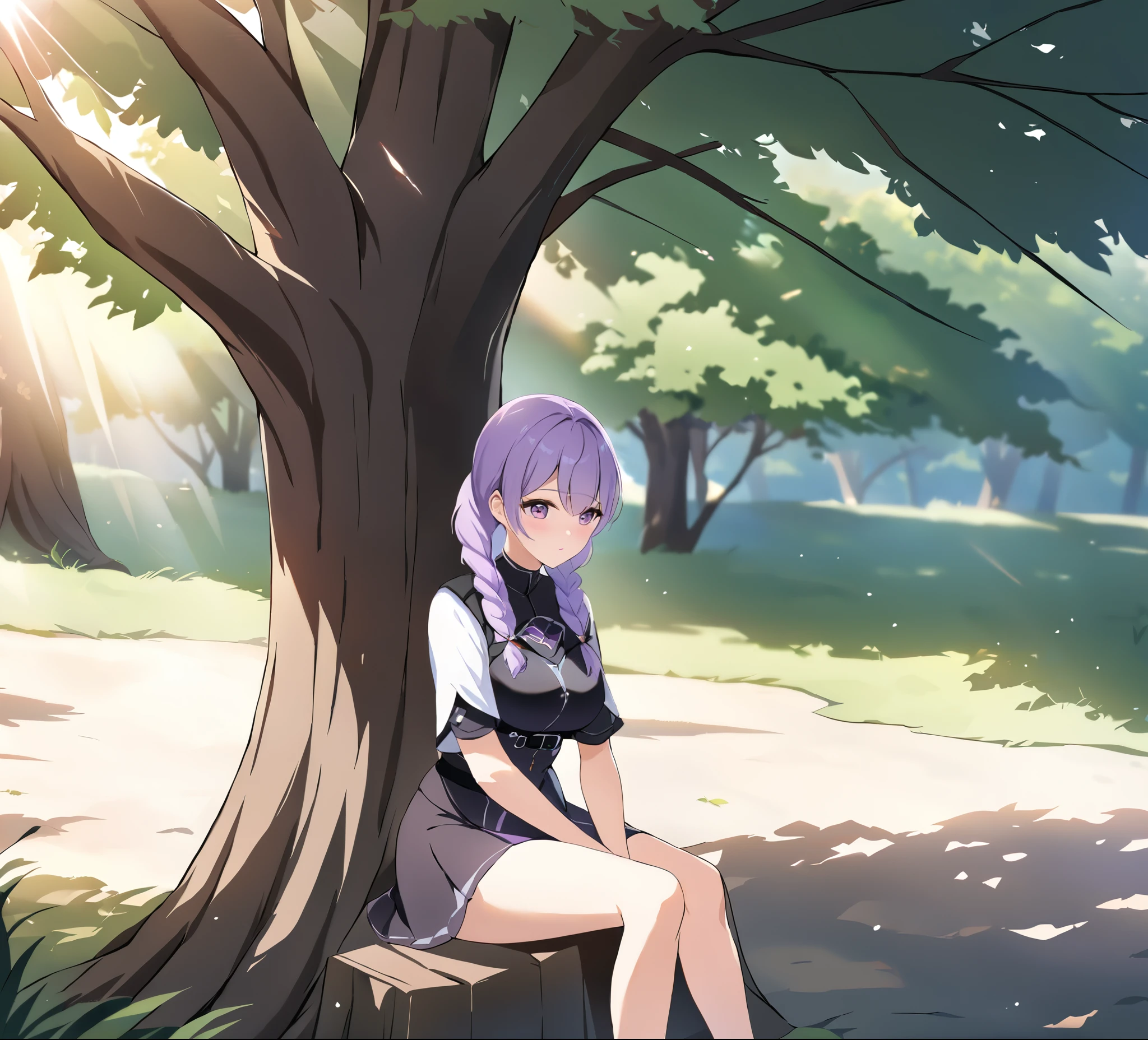 A couple(1 male, 1 woman with purple and white gradient double braids),,Sitting under a tree,natural scenery,Sunlight through the leaves,Warmth,Quiet,Soft Light,Rich in details,High-definition quality
