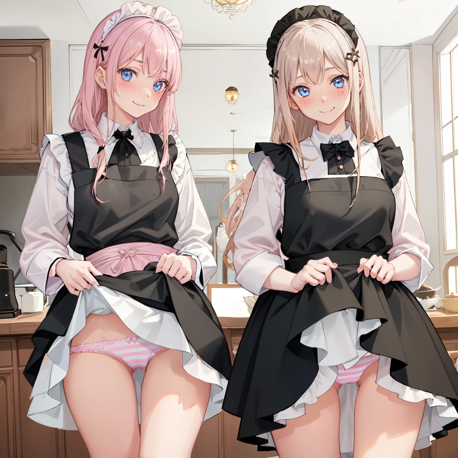highest quality、masterpiece、((2 girls:1.5))、((smile:1.3))、(blush:1.3)、Black Shirt、blouse、((fun!!))、(Small breasts)、()、Blonde、(Long sleeve)、((White apron:1.5))、((Maid))、((hair ornaments)),、Kamimei、look at me、 ((in house:1.5))、 Taking a break from watching the audience、Cowboy Shot、(Skirt lift:1.3),(Highly detailed pink striped panties:1.3)、(Highly detailed panties:1.3)、、(スカート that rolls up:1.3)、(Panties fully exposed:1.5)、Light blue eyes、long hair、Glowing Eyes