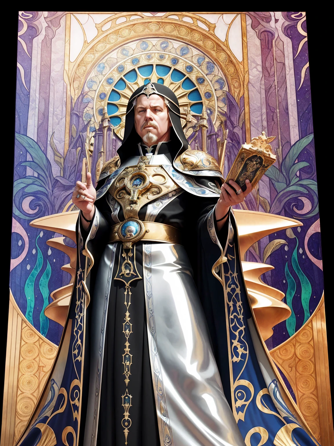 ((Art Nouveau Style)); James Hetfield as a Heavy Metal Pope in a stoic pose; ((Traditional Heavy Metal Pope outfit)); standing; ((Traditional Heavy Metal style)); ultrarealistic skin, ultrarealistic face; ultrarealistic body; ((ultrarealistic gold ornaments)); detailed skin; ultra detailed eyes; ultra detailed face; full body symmetrical with thick lines, Fibonacci, golden ratio, 3D metal structure tessellation, neural graphic, neurons, color, love, passion, incredibly detailed, 8k, masterpiece, artstation, surreal
