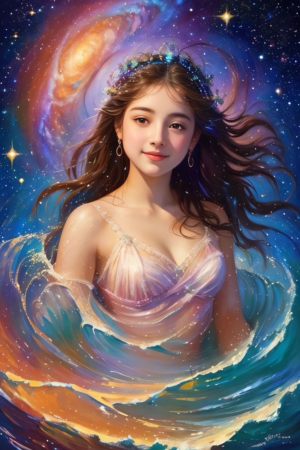 A young goddess swimming in the universe, Eyes full of joy and anticipation, eyes filled with happiness, impressionist painting touch, western painting, oil painting, Mother nebula where stars are born, sparkling stars, Waves of light that connect the past and the future, light of various wavelengths, Impressionism, Classicism, Gothic art
