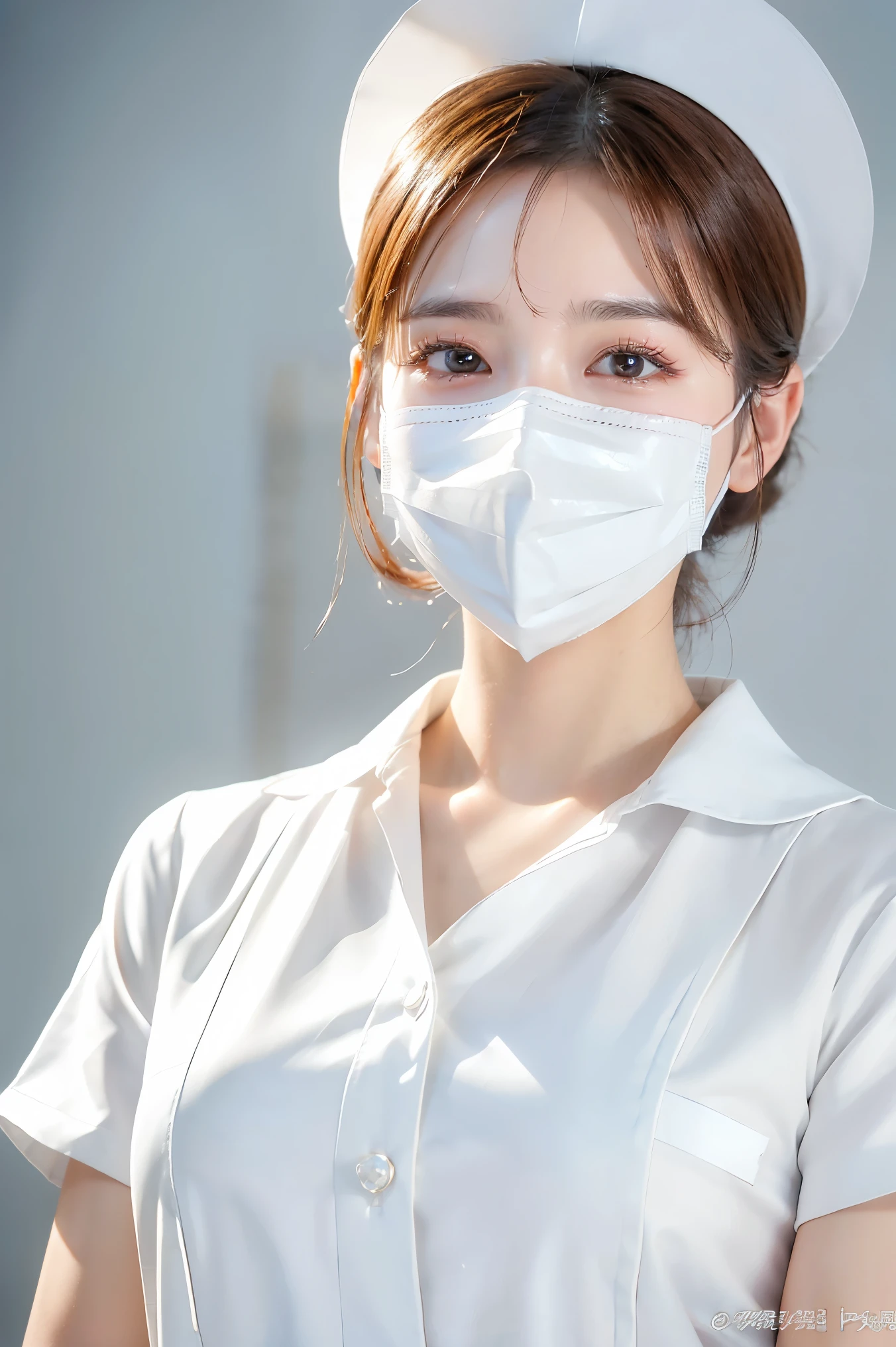 (Tabletop、highest quality、8k、Award-winning works、Ultra-high resolution)、(One beautiful nurse:1.1)、(The perfect white nurse uniform:1.1)、(White Mask:1.1)、Chignon、Accurate anatomy、(Strongly blurred white background:1.1)、(very bright white lighting:1.1)、(Close-up of face:1.3)、Perfect beautiful makeup、Spectacular Cinema Lighting、Tyndall effect、(standing elegantly:1.1)、(Shining white skin:1.1)