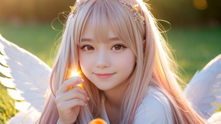 Angel,Lolita,10 years old,Smile,smile,Magic wand,noon,summer,Light of the sun,Light background,cute,Princess,clear,happiness,Angelの羽根,Fairy Wings,Silky shiny hair,Glossy Skin,Long Hair,Fairyland,Soft light,rainbow,dream,hope,Pop Art,pastel colour,Sparkling Eyes,fine,Non-Adult,High resolution,light peach-colored hair,Thin eyebrows,Fluffy Feathers