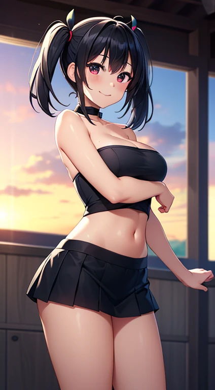 ((masterpiece, highest quality, High resolution, Hmm, Pixel perfect, Depth of written boundary, 4k, RTX, HDR))), 1 Girl, single, alone, Beautiful Anime Girls, Beautiful art style, Sunburned skin, anime character,,(Black hair,Under twin tail:1.5), Medium breast, (Dynamic Angle, Dynamic pose:1.4, Watching the audience), Perfect body ,(Black Tube Top), mini skirt, smile, Sunburned skin,