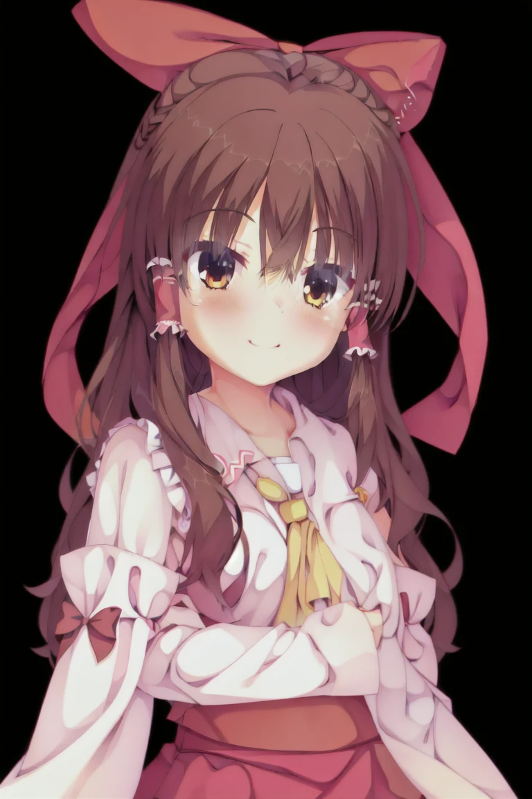 1girl,solo,hakurei_reimu,bow, hair_bow, hair_tubes, red_bow, brown_hair, long_hair, bangs, sidelocks, ascot, brown_eyes, frilled_bow, yellow_ascot, blush, smile, hair_between_eyes,Character portrait,whole body,View from the front,expensive_solve, clear_image, expensive_Contrast, 8k, Sparkling, beautiful_detailed_face_and_eye, (Dark Brown Hair:1.25), 白 eye,Black background