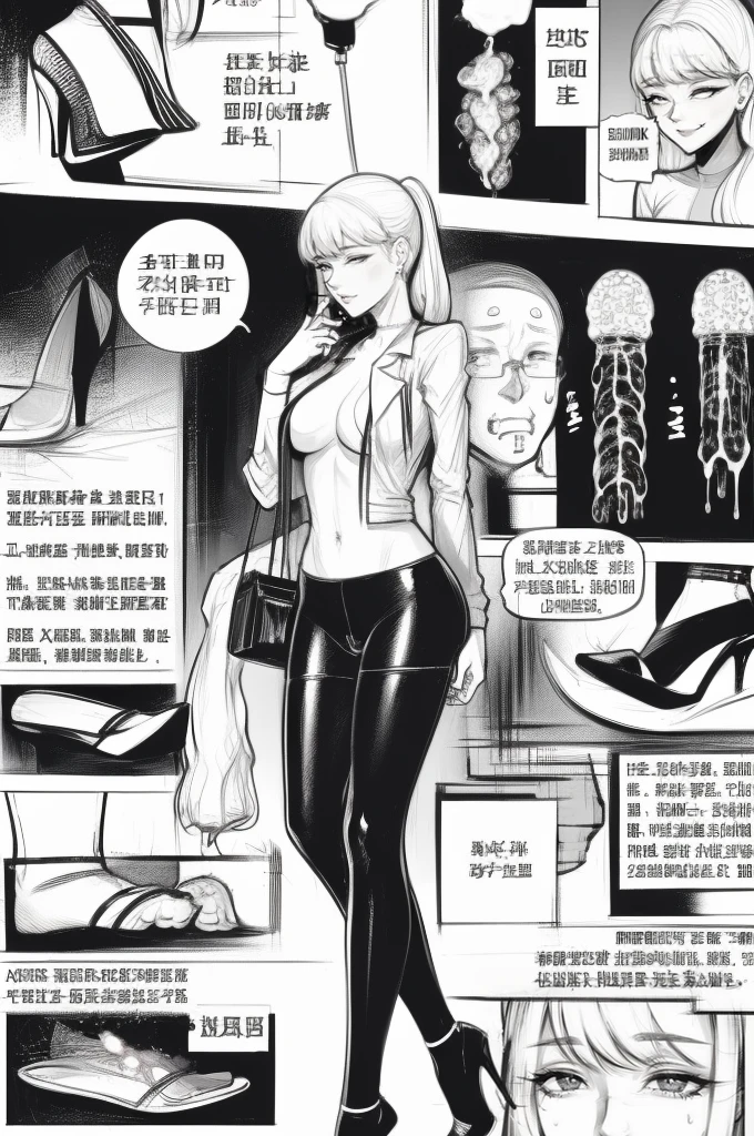 The beautiful girl in lace top and leggings is sitting astride a pile of skeletons in the center of the picture. She is holding a trembling sausage with juice squeezed out in her hand and smiling. There are multiple comic storyboards in the background,cbt, sausage bondage,sausage insertion,Sexy, trampling sausage with high heels heel,(masterpiece, best quality:1.2),1 beautiful girl,sexy,comic storyboard:2, leggings, sit astride, axially symmetrical:2, ,femdom,sounding,cbt,hold,smile,colorful,leggings,thin gap,cameltoe,insertion,trembling,juice,spray, Long hair,Lace top,Sexy, Shiny leggings, High heel,cleveage, trampling, in forest, saliva , Mucus,