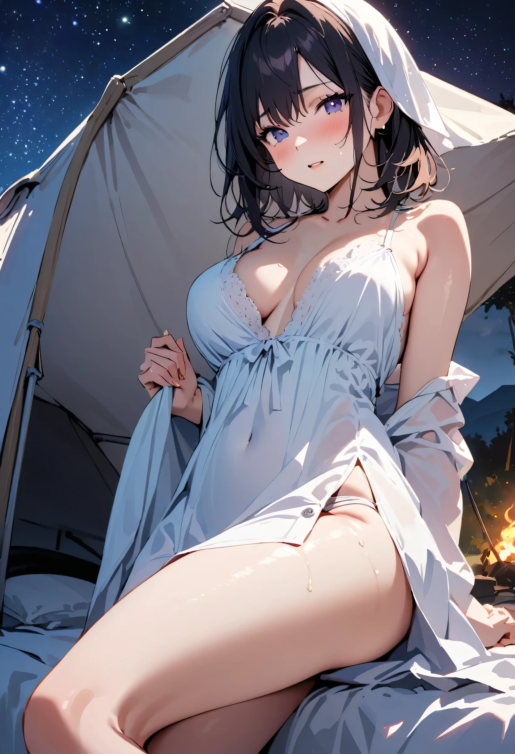 masterpiece, highest quality, Illustrations for novels, High resolution, 18+ Adult content, Sensual, Intimate, Emotional, Passionate, romantic, sweet, Adorable, Innocent, Pure, Fascinating, Fascinating, attractive, Mysterious, Fascinating, Fascinating, Immersive, Fascinating, dream-like, , ((Cowboy Shot)),(((A woman camping under a starry sky)).