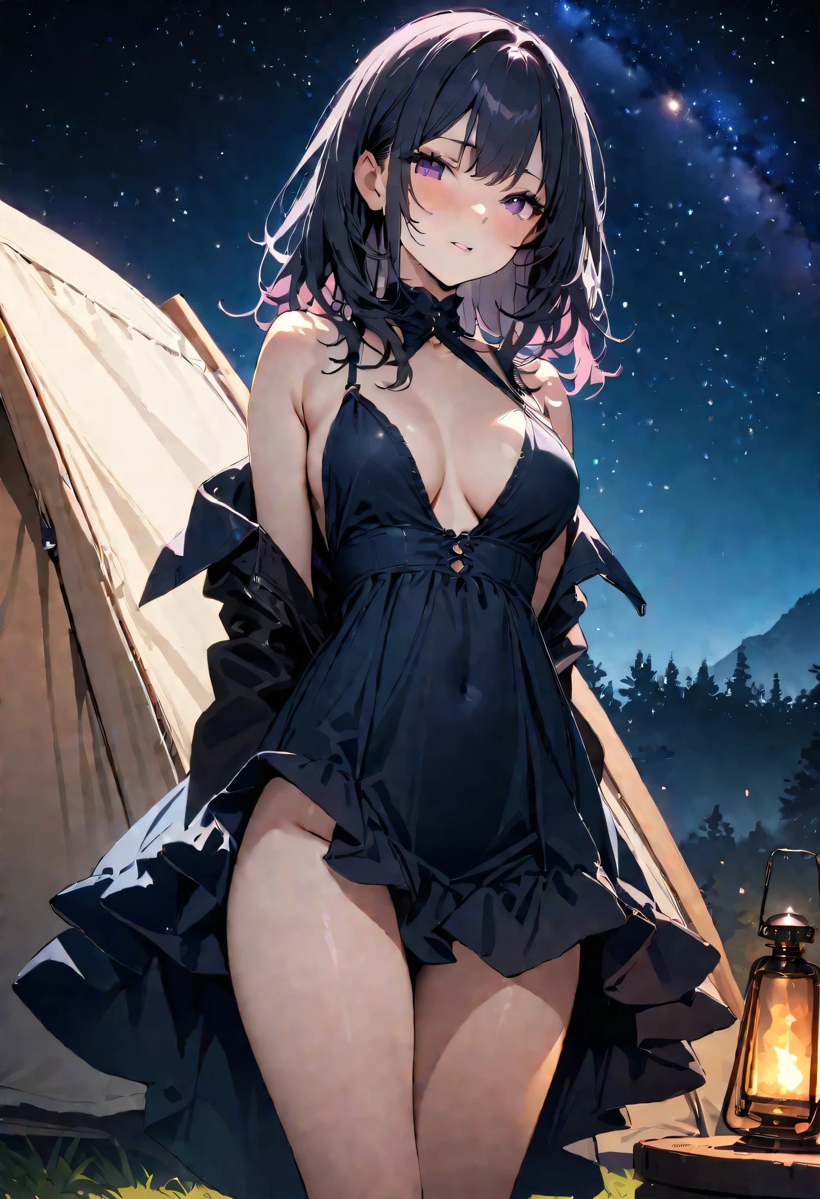 masterpiece, highest quality, Illustrations for novels, High resolution, 18+ Adult content, Sensual, Intimate, Emotional, Passionate, romantic, sweet, Adorable, Innocent, Pure, Fascinating, Fascinating, attractive, Mysterious, Fascinating, Fascinating, Immersive, Fascinating, dream-like, , ((Cowboy Shot)),(((A woman camping under a starry sky)).