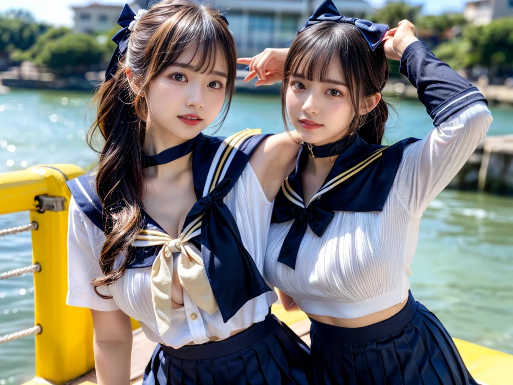 (((very heavy chest))),NSFW, 16k raw photos, highest quality, masterpiece, ultra high resolution, ((She is wearing Beautiful exposed redShe is wearing (a high school sailor uniform).
(navy sailor collar:1.4),(white shirt:1.4),(navy pleats skirt:1.4),(navy bow:1.4))).movie, ((2 girls, , 2 schoolgirls)),((attractive expression)),eyes shine、 looking at the viewer, natural skin texture very heavy chest))),((( metal black ribbon around the neck))).star handle mold、((yellow eyes)),Realistic eye and face details, lip whole, lipstick makeup), fluffy ponytail hair, laughter, Beautiful feet, tall woman, ((glowing skin)),((Beautiful armpit)), slim_feet, huge breasts, cleavage, beautiful natural places, beautiful flower garden、(detailed background,highly exposed, huge breasts, blurred background,, JK ribbon on the neck, jk ribbon, golden hair, bracelet, water, bangs, split your lips、armpit、beautiful hip line、glowing skin、(((eyes shine brightly))),lotion skin、High leg、((black hair)),highly exposed、Skimpy pink luxury fur coat、beautiful sea background、wind effect、