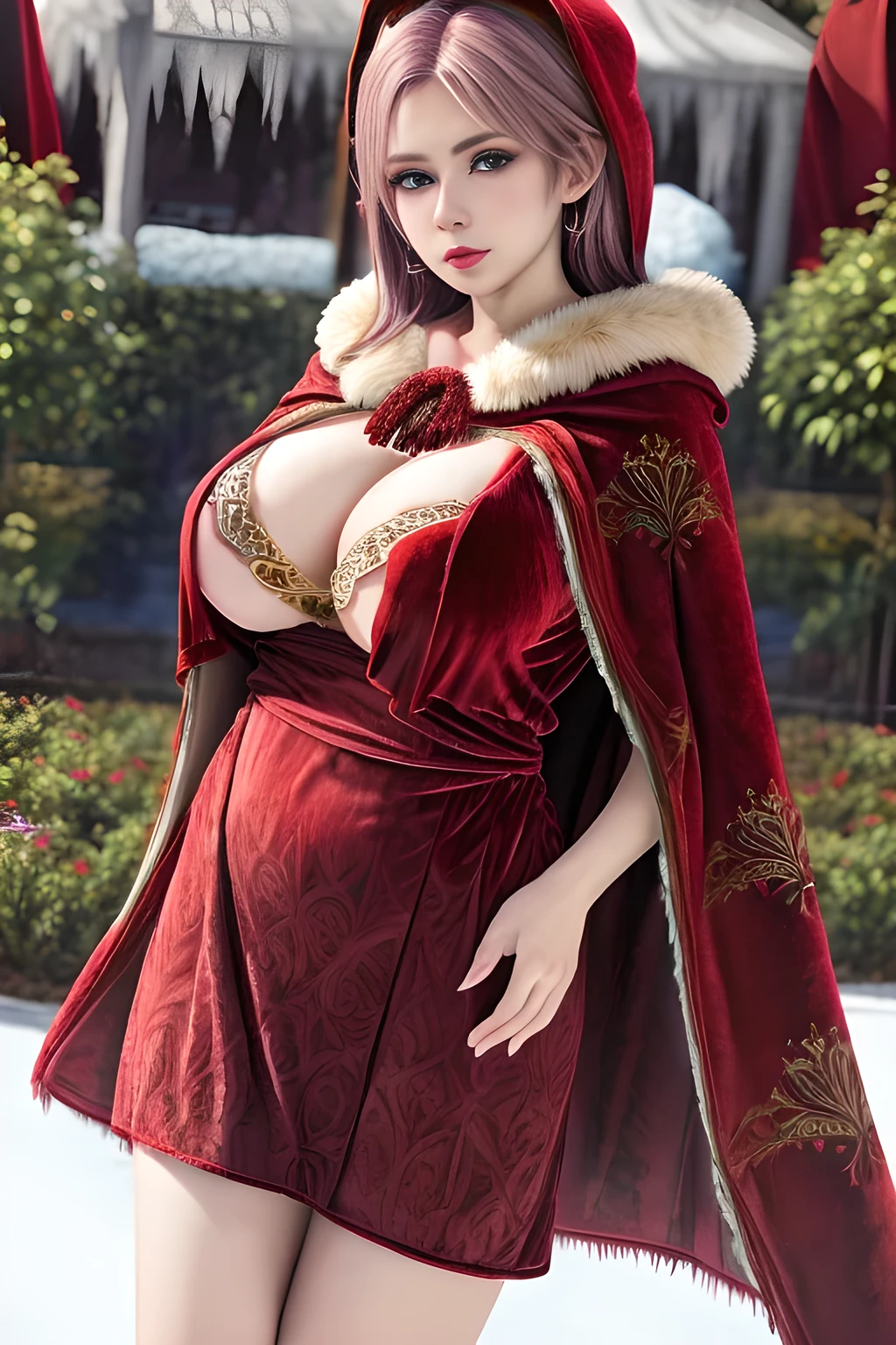 1girl,(RED theme: 1.2), (Velvet fabric nightgown: 1.2), (Ice flower pattern cloak: 1.5), ,garden,moon,huge breasts,lactating,(lip gloss),(masterpiece), best quality, (real life portrait photography:1.5),unltra detailed,8K,Shot with a professional-grade camera like the Nikon D850,every intricate detail is captured, from the subtlest expression to the glimmer of anticipation in her eyes,Focus on thighs and above,solo, elise,