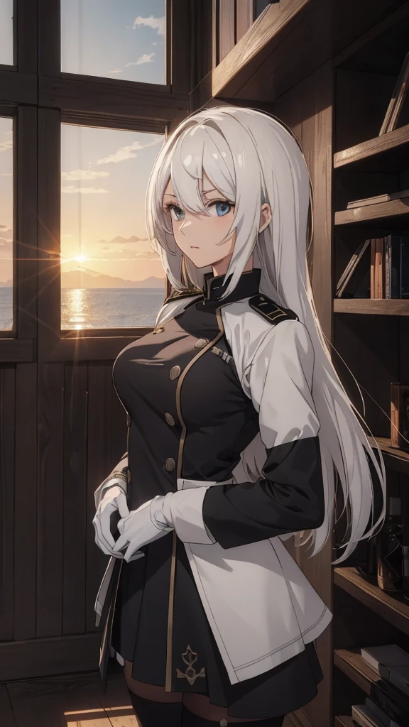 The Perfect Girl, perfect details, Ultra HD |, 8K, Professional photo(extremely detailed CG unity 8k wallpaper), (masterpiece), (best quality), (ultra-detailed), (best illustration), (best shadow), (absurdres), 2b, 1girl, long hair, normal size , white hair, Intimidating women, admiral uniform, night, hero pose, white clothes, General Uniform, Military Uniform, Dawn, exposed to sunlight, commander, black clothes, sunkissed, sunset background