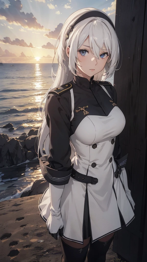 The Perfect Girl, perfect details, Ultra HD |, 8K, Professional photo(extremely detailed CG unity 8k wallpaper), (masterpiece), (best quality), (ultra-detailed), (best illustration), (best shadow), (absurdres), 2b, 1girl, long hair, normal size , white hair, Intimidating women, admiral uniform, night, hero pose, white clothes, General Uniform, Military Uniform, Dawn, exposed to sunlight, commander, black clothes, sunkissed, sunset background