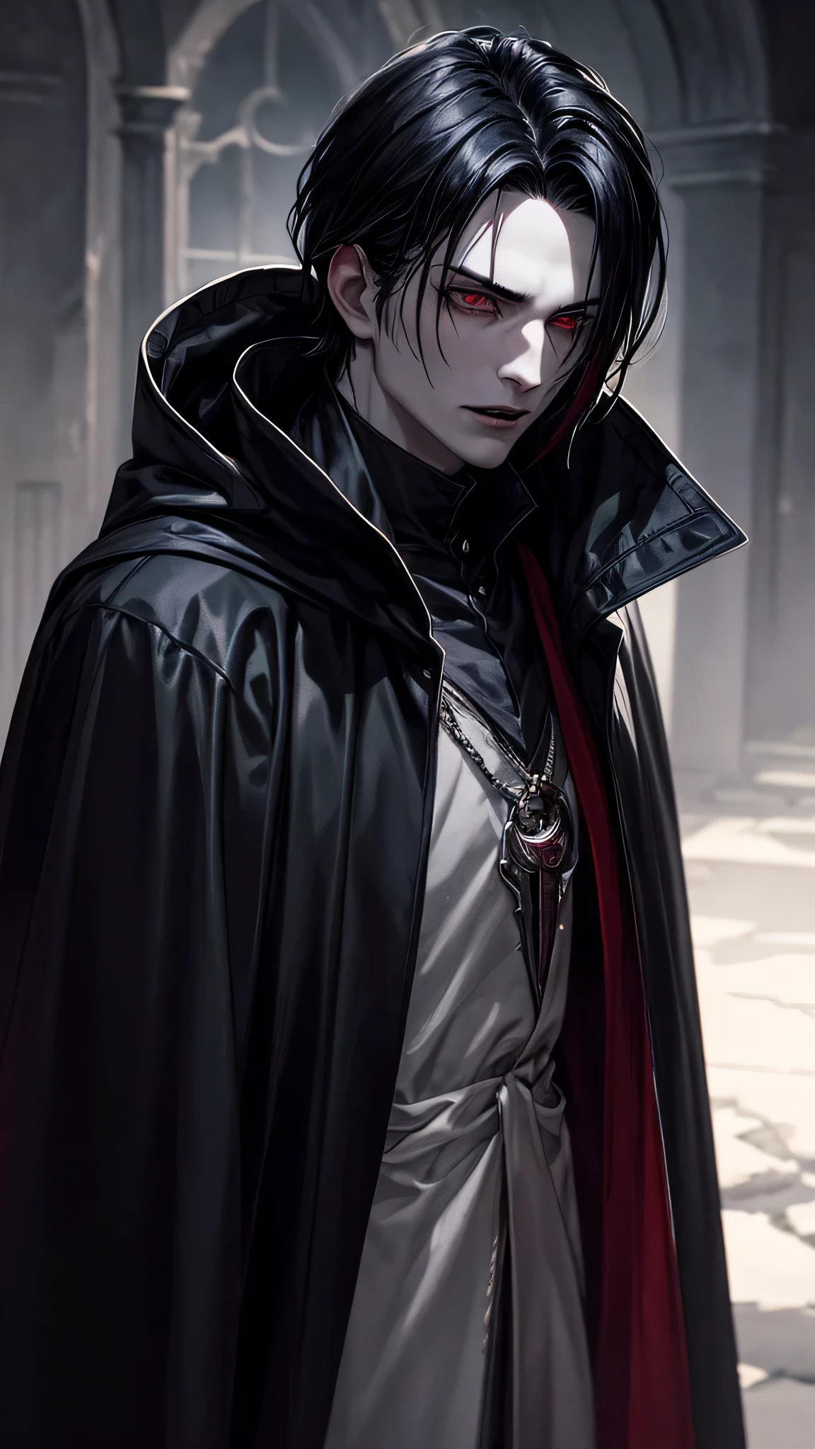 A vampire man in his 20s, ruby eyes, fangs, short black hair, black cloak, crescent moon in the night sky, pale skin, blood flowing from the mouth, looking away, photo-realistic, highly detailed, cinematic lighting, dark moody atmosphere, dramatic shadows, intricate textures, vivid colors, masterpiece