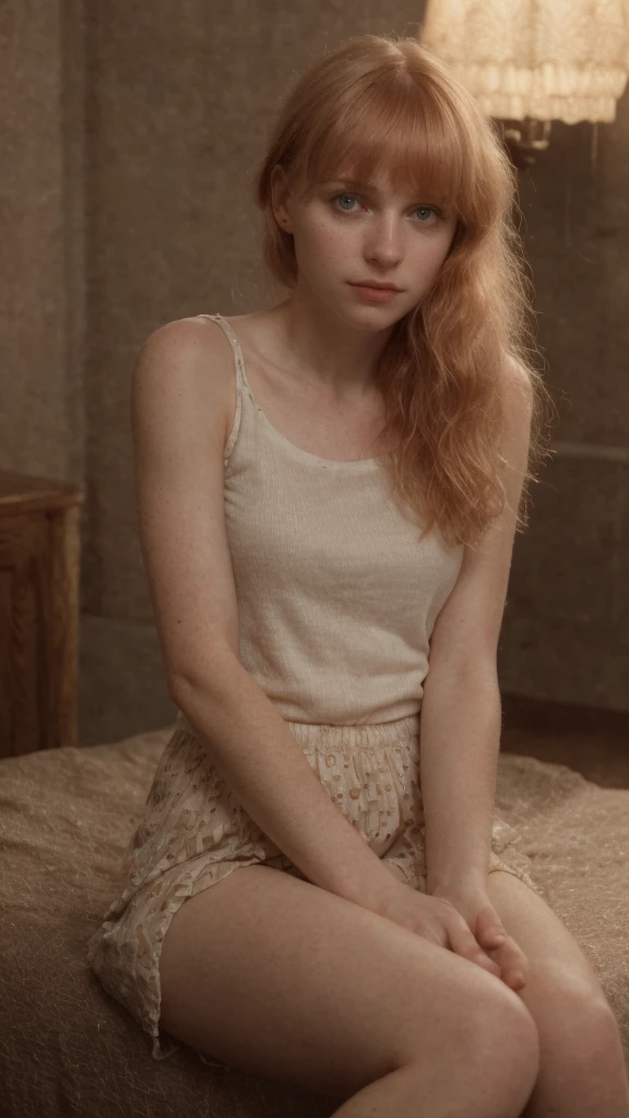 ultra-detailed,(realistic,photorealistic,photo-realistic:1.37)a 20 year old girl, pale skin, (Irish), (swiss), (Czech), fountain curled bangs strawberry blonde hair, beautiful girl, thin, skinny, sitting in dark, room, dramatic lighting, hard contrast, (cinematic shot) , ((horror film)), (dramatic angles), wearing a cute long tank top, and flowy micro skirt