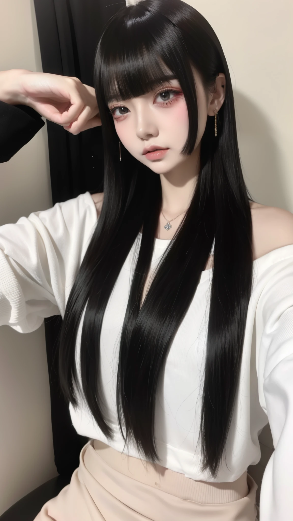 (top-quality、8K、32K、masterpiece、nffsw:1.2)、
One Girl、Girl with long hair、Beautiful Japanese Woman、Black-haired、Heavy bangs、Long sleeve shirt、White off-the-shoulder oversized long shirt &Black mini pleated skirt、Absolute area、Focus on the face、(Red glitter gloss eyeliner, jirai makeup),