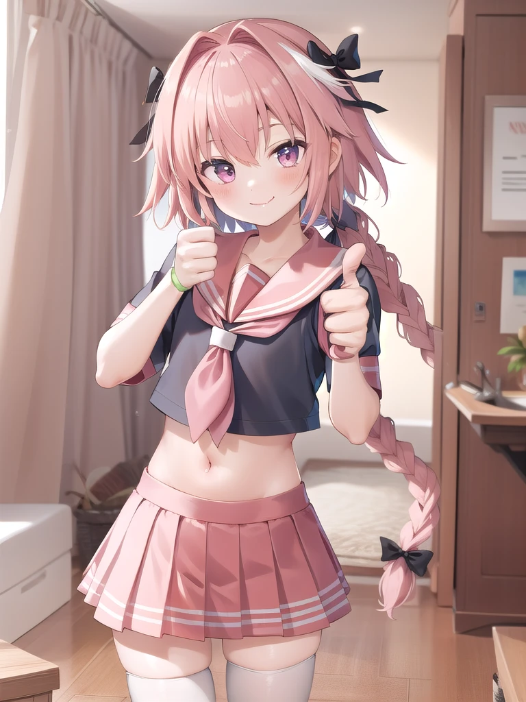 masterpiece, best quality, highres, astsailor, single braid, , pink sailor collar, midriff, pink skirt, white thighhighs, standing, indoor, upper body, smile, thumbs up, (thumbs up:1.2)