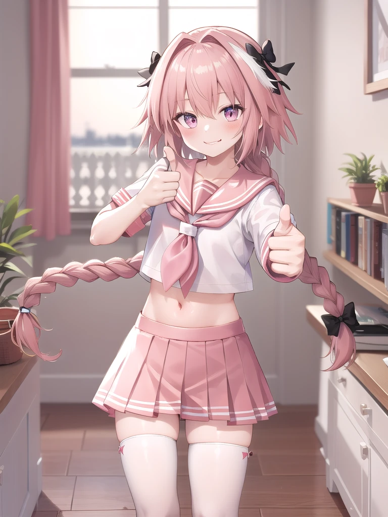 masterpiece, best quality, highres, astsailor, single braid, , pink sailor collar, midriff, pink skirt, white thighhighs, standing, indoor, upper body, smile, thumbs up, (thumbs up:1.2)