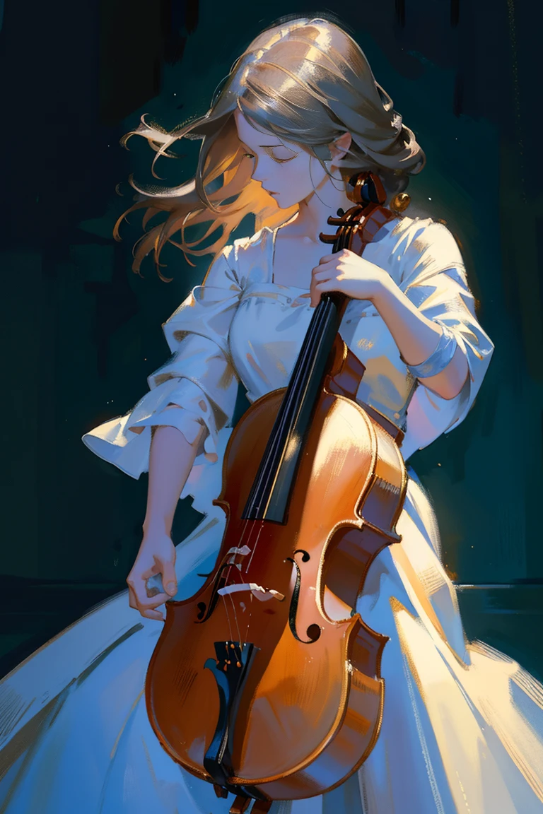 detailed full body portrait,(Picture of a girl playing the cello), White Dress Andy Jurgens (mandy jurgens) A realistic painting was created, transformation, Figurative art, Detailed Description, Realistically, Artwork, Contour, View from the side, Simple Background