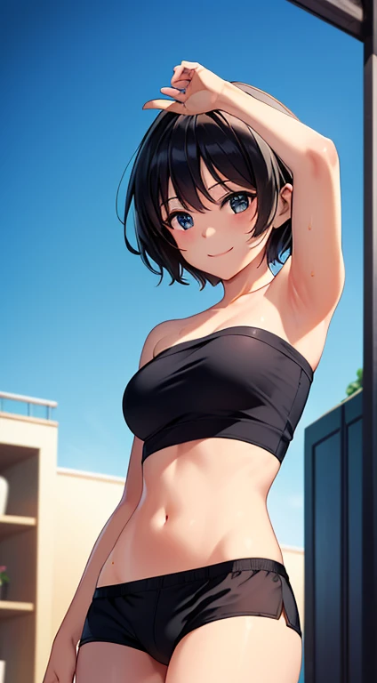((masterpiece, highest quality, High resolution, Hmm, Pixel perfect, Depth of written boundary, 4k, RTX, HDR))), 1 Girl, single, alone, Beautiful Anime Girls, Beautiful art style, Sunburned skin, anime character,,(Black hair,Short underpants:1.5), Medium breast, (Dynamic Angle, Dynamic pose:1.4, Watching the audience), Perfect body ,(Black Tube Top), mini skirt, smile, Sunburned skin,