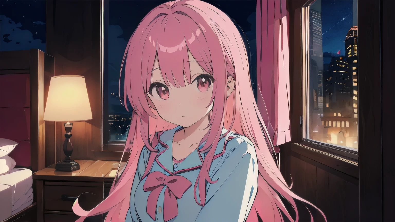 Very detailed, Detailed Background,　(highest quality, masterpiece, High resolution), One girl,　 Mid-chest, Pink Hair,  Upper Body, pajamas,　long hair、　(night:1.4)、　Dimly lit room, Barely,