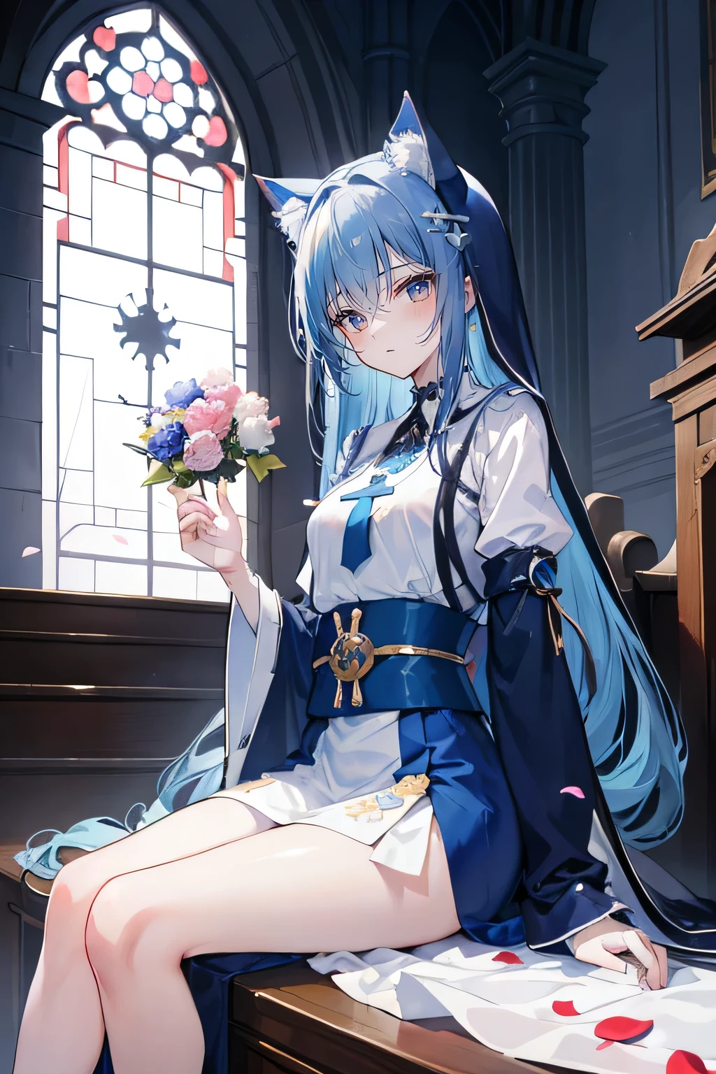 (masterpiece:1.2),Extremely detailed,Practical,expressive eyes,Fair skin,Perfect face shaping,1 Girl,
Japanese cartoons,Gorgeous blue hair, the long flowing blue hair,Floating clothes,Cat ears,Petals fall,beautiful lola,Young Angel,
Place your hands on your waist,sit elegantly on the ground,Cross your legs,Gentle and peaceful background,church,Nun&#39;s Clothes,back view,lie on the water，Lie on the water with your hands on your head.