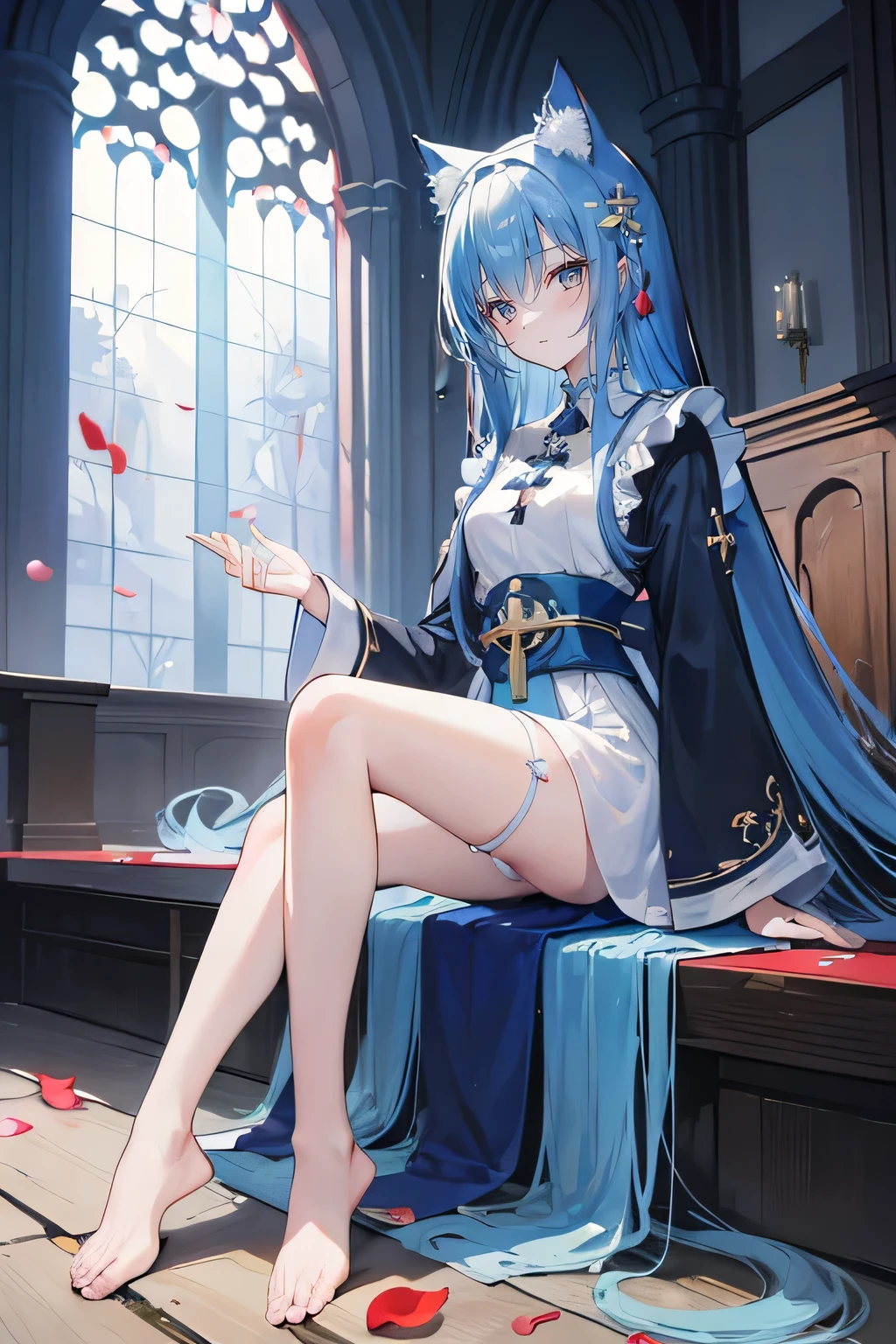 (masterpiece:1.2),Extremely detailed,Practical,expressive eyes,Fair skin,Perfect face shaping,1 Girl,
Japanese cartoons,Gorgeous blue hair, the long flowing blue hair,Floating clothes,Cat ears,Petals fall,beautiful lola,Young Angel,
Place your hands on your waist,sit elegantly on the ground,Cross your legs,Gentle and peaceful background,church,Nun's Clothes,back view,lie on the water,Lie on the water with your hands on your head.