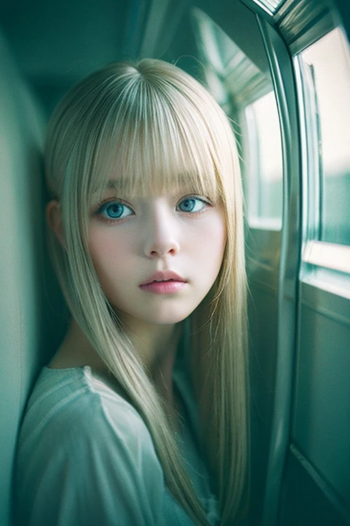 Photos of very beautiful girls from Scandinavia、A cute and beautiful face down to the last detail、(Purelos Face_v1:0.008)、Beautiful Bangs、Alice in Wonderland、、Glowing White Skin、Bangs between the eyes、Super long hair、Attractive natural platinum blonde super long straight silky hi-lighter hair、Big bright light blue eyes that shine beautifully、Concrete walls and floors、Transcendental Silence、Depth of written boundary、Absurd、Hmph、Ultra-detailed illustrations、Highly detailed face、Raw photo、Film Grain、deviantart Trends、