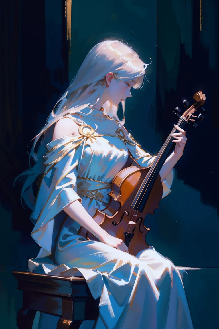 detailed full body portrait,(Picture of a girl playing the cello), White Dress Andy Jurgens (mandy jurgens) A realistic painting was created, transformation, Figurative art, Detailed Description, Realistically, Artwork, Contour, View from the side, Colorful Noise, Visual clutter,Modern aesthetics、Viennese style、Nocturne Whispers