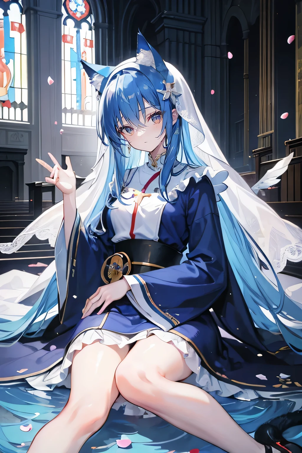(masterpiece:1.2),Extremely detailed,Practical,expressive eyes,Fair skin,Perfect face shaping,1 Girl,
Japanese cartoons,Gorgeous blue hair, the long flowing blue hair,Floating clothes,Cat ears,Petals fall,beautiful lola,Young Angel,
Place your hands on your waist,sit elegantly on the ground,Cross your legs,Gentle and peaceful background,church,Nun&#39;s Clothes,back view,lie on the water. 