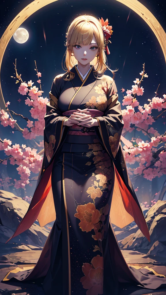 masterpiece, high quality, 4K, Beautiful design, silhouette，blonde， 非常に詳細な夜のStarry Sky,Flower Field， wonderful, Finer details,  Very knowledgeable woman, Highly detailed solo, 1 female,Big Breasts，Red colored kimono，Night view，Starry Sky，full moon，