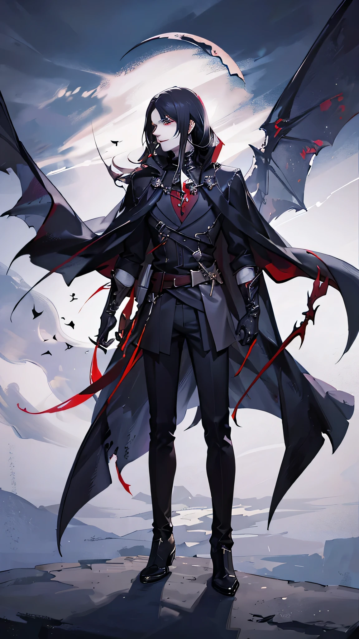 A vampire man in his 20s, ruby eyes, fangs, short black hair, black cloak, crescent moon in the night sky, pale skin, blood flowing from the mouth, looking away, photo-realistic, highly detailed, cinematic lighting, dark moody atmosphere, dramatic shadows, intricate textures, vivid colors, masterpiece