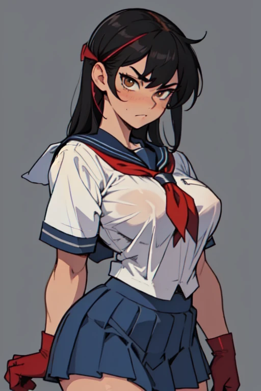 grey background 1girl black hair shaved side of head with a beaised mohawk yellow eyes very long hair very dark/red/black skin angry (slim muscular huge breasts muscular toned body curvy wide hips thick thighs) (((school girl))) (((school girl))) (((school uniform))) (((school uniform))) white gloves