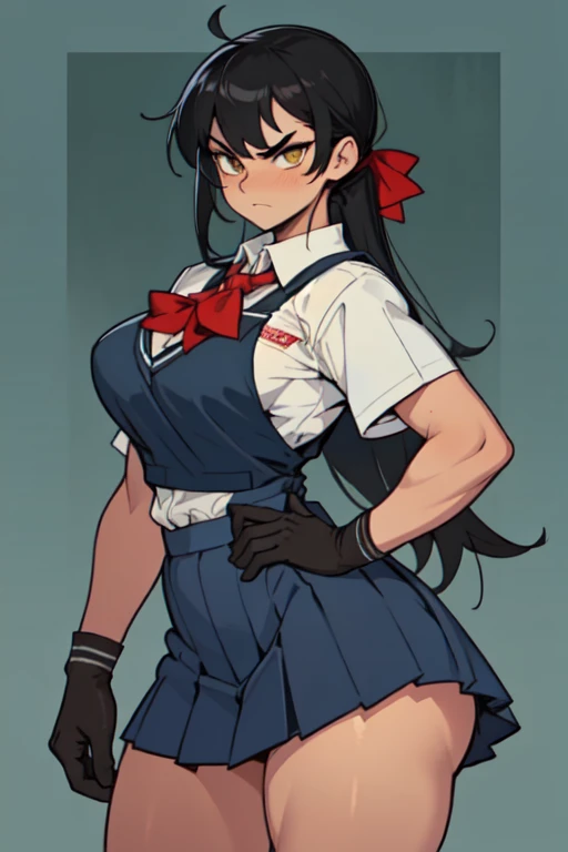 grey background 1girl black hair shaved side of head with a beaised mohawk yellow eyes very long hair very dark/red/black skin angry (slim muscular huge breasts muscular toned body curvy wide hips thick thighs) (((school girl))) (((school girl))) (((school uniform))) (((school uniform))) white gloves