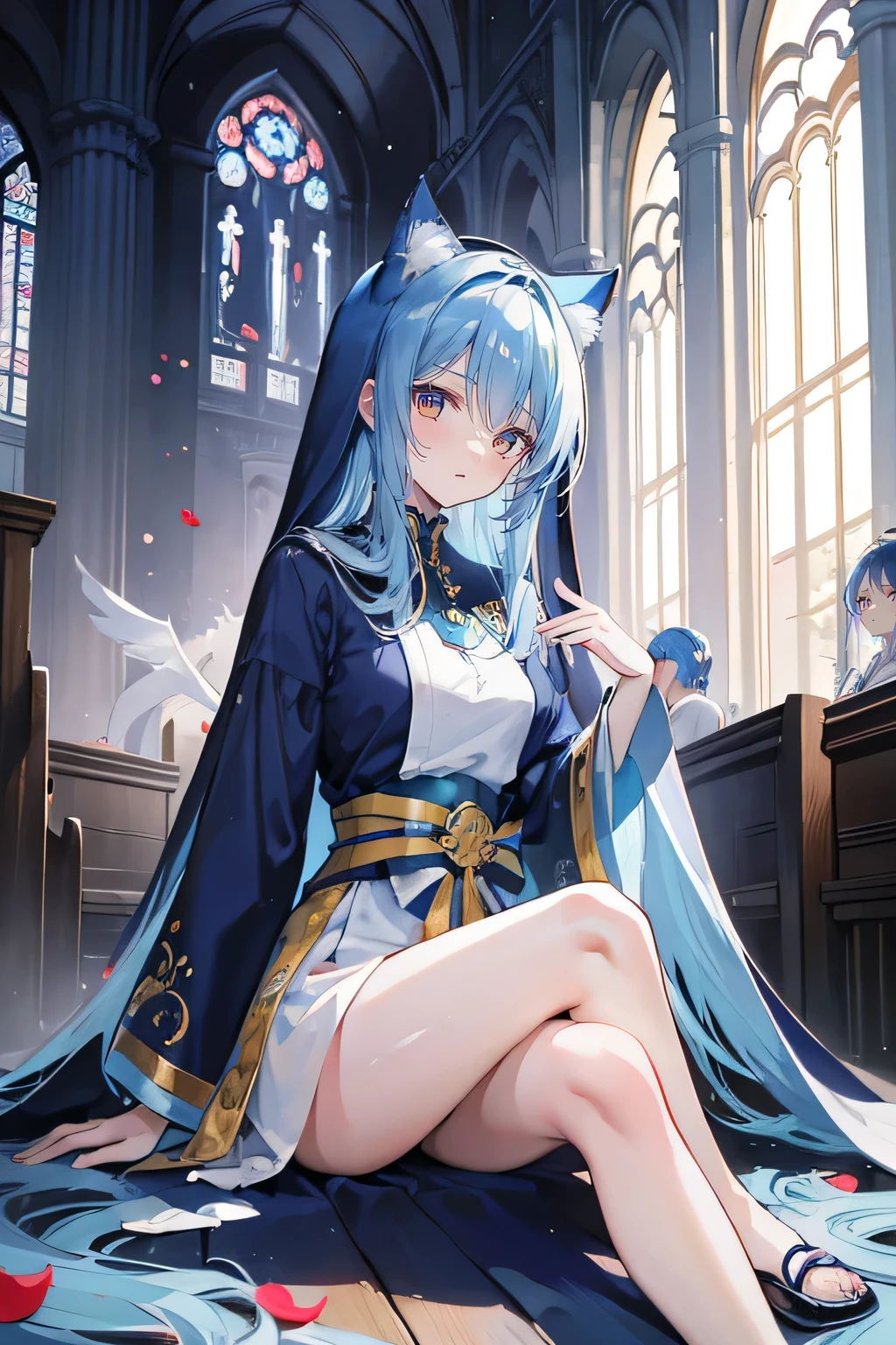 (masterpiece:1.2),Extremely detailed,Practical,expressive eyes,Fair skin,Perfect face shaping,1 Girl,
Japanese cartoons,Gorgeous blue hair, the long flowing blue hair,Floating clothes,Cat ears,Petals fall,beautiful lola,Young Angel,
Place your hands on your waist,sit elegantly on the ground,Cross your legs,Gentle and peaceful background,church,Nun&#39;s Clothes,back view,lie on the water. 