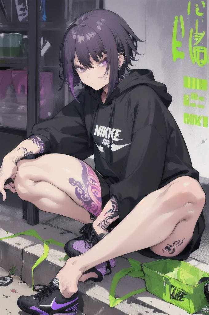 woman sitting on a pile of trash(black nike sneakers, white sweats, lime green hoodie, black short hair, light purple eyes, Lots of tattoos and piercings)