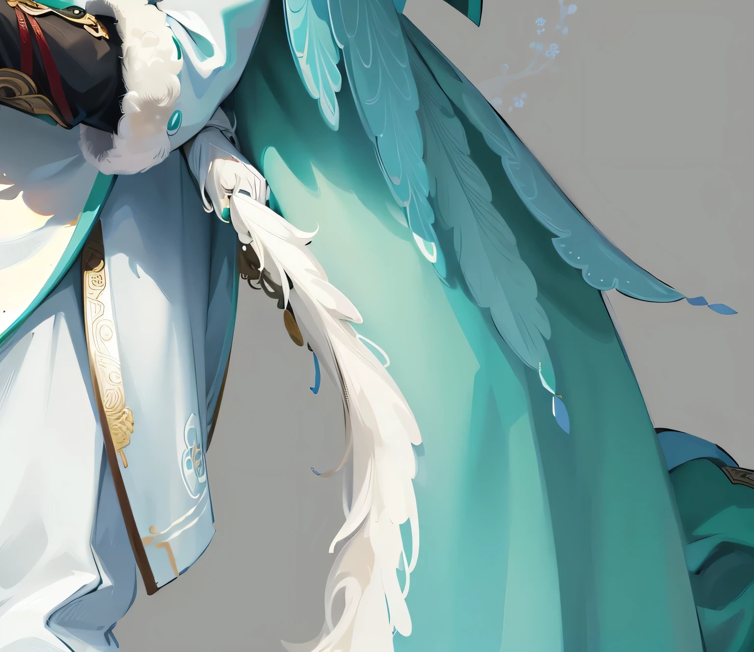 ((masterpiece, best quality)), Rich in details,, Very detailed, depth, Many parts,Wearing white、Green clothes,Behind him is a cyan and gold cloak,Epic and beautiful character art, Amazing Characters,Chinese style,Fur collar,Cloth Pleats